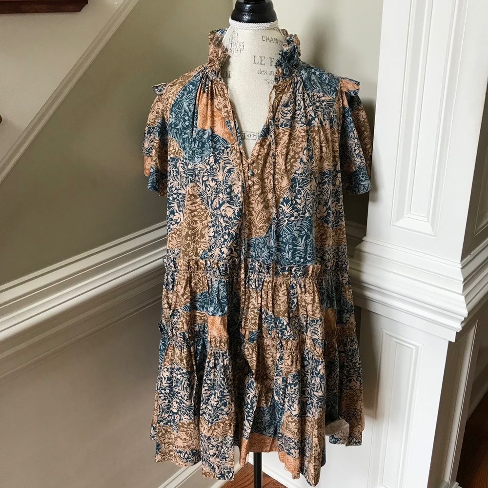 NWOT Hunter Bell Merritt Shift Dress Womens Large Blue Tan Short Sleeve V-Neck - Picture 5 of 13